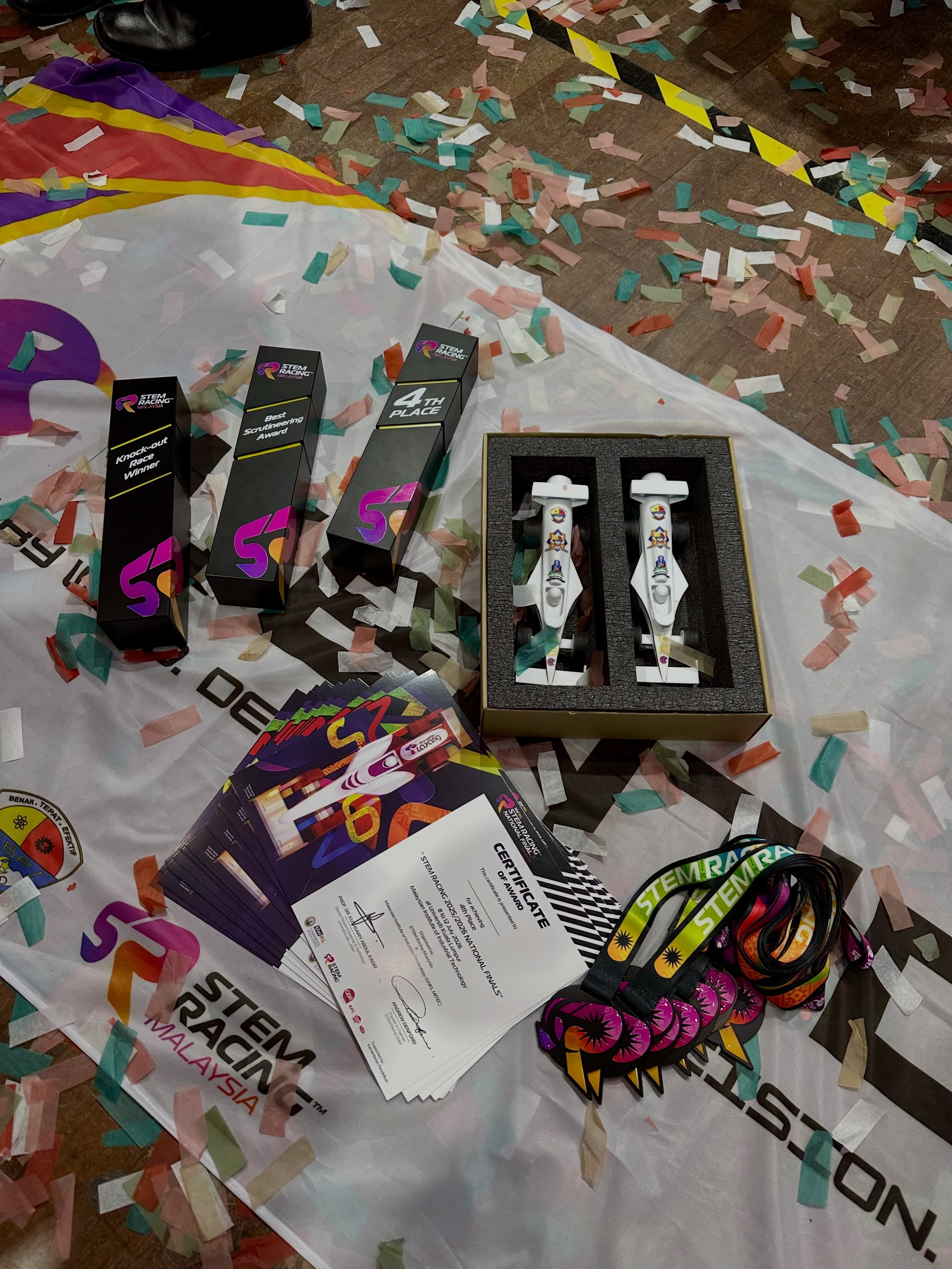 VENTO's National Finals haul — Knock-Out Race Winner, Best Scrutineering and 4th Place trophies with certificates and medals